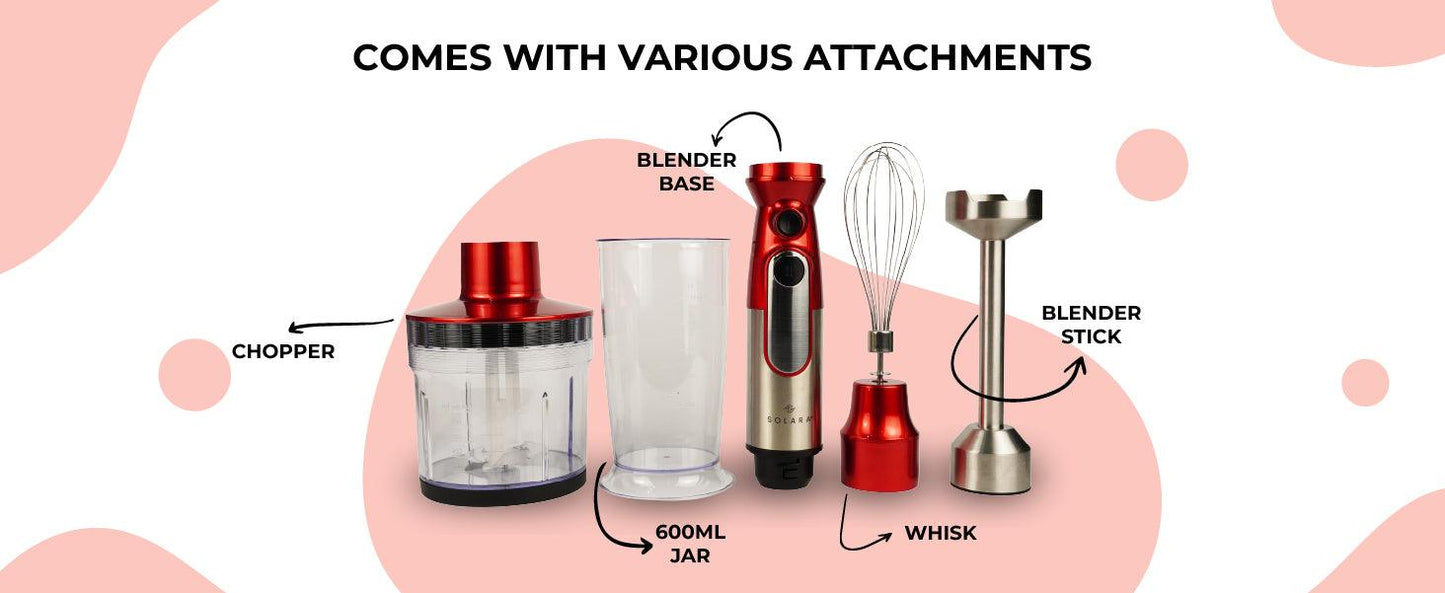 SOLARA 600Watt Electric Hand Blender for Kitchen with Whisk & Mixing Jar