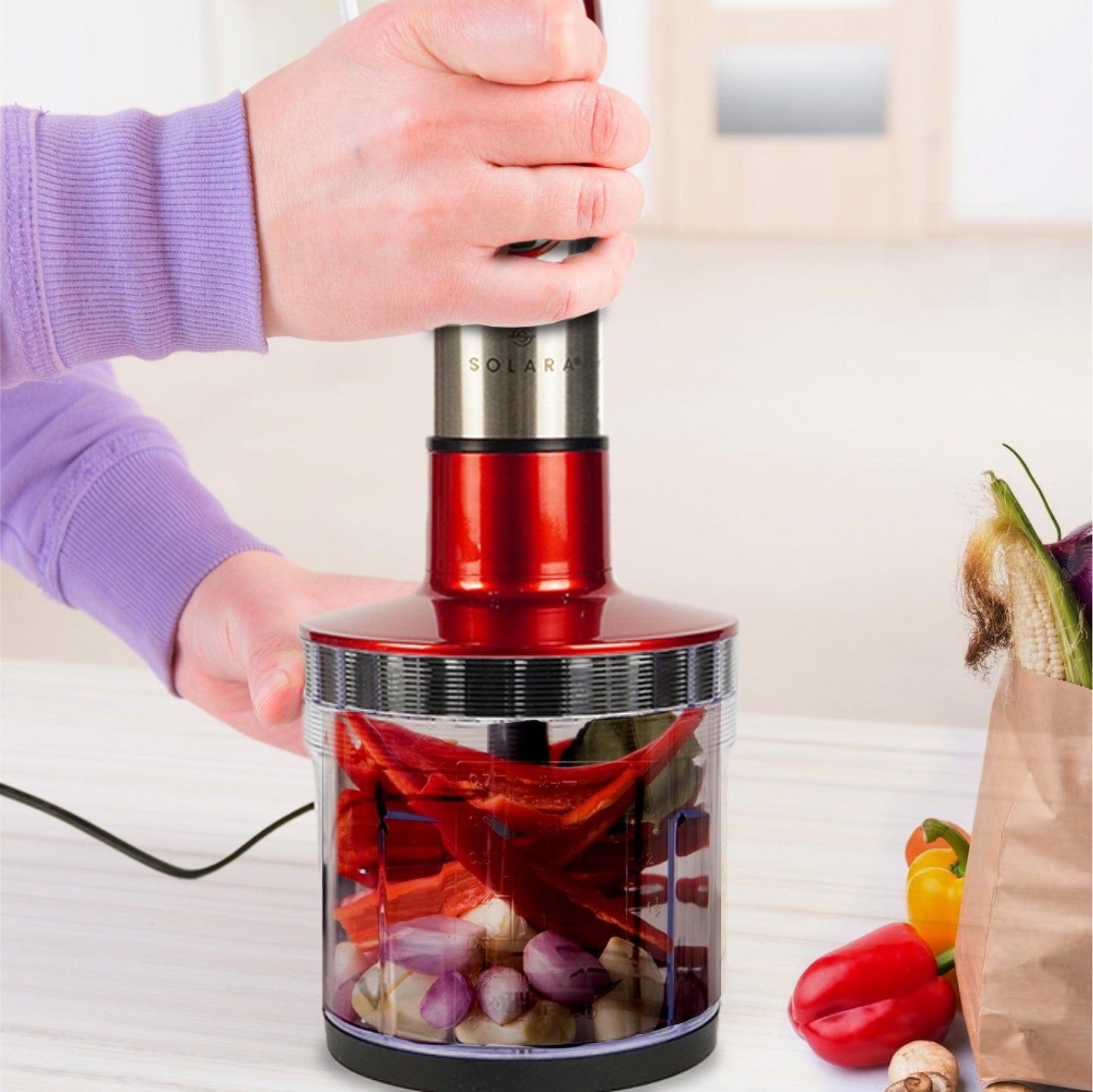 SOLARA 600Watt Electric Hand Blender for Kitchen with Whisk & Mixing Jar