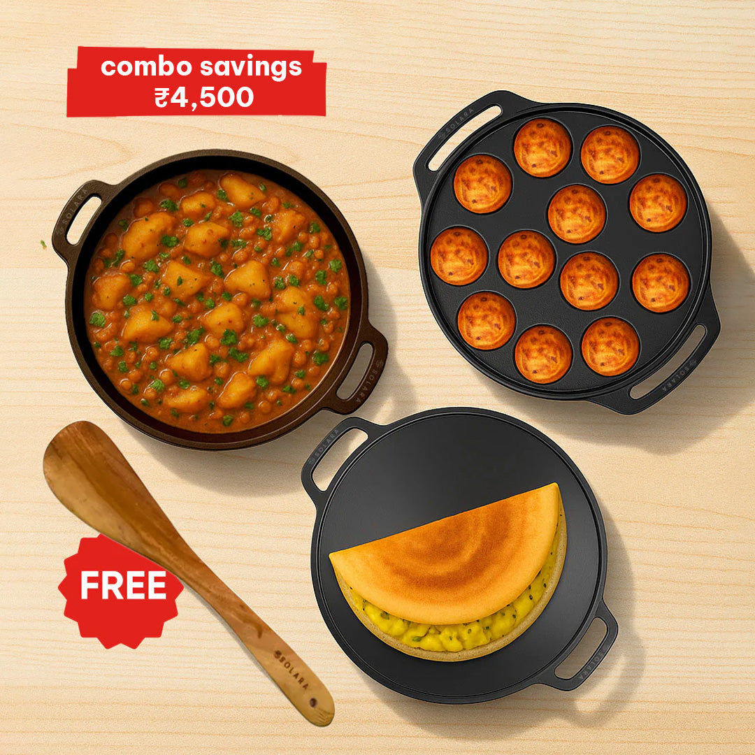 BlackForge Cast Iron Combo - Set of 3 - Kadai 10' inch + Paniyaram 12 cavities + Dosa Tawa 12' inch