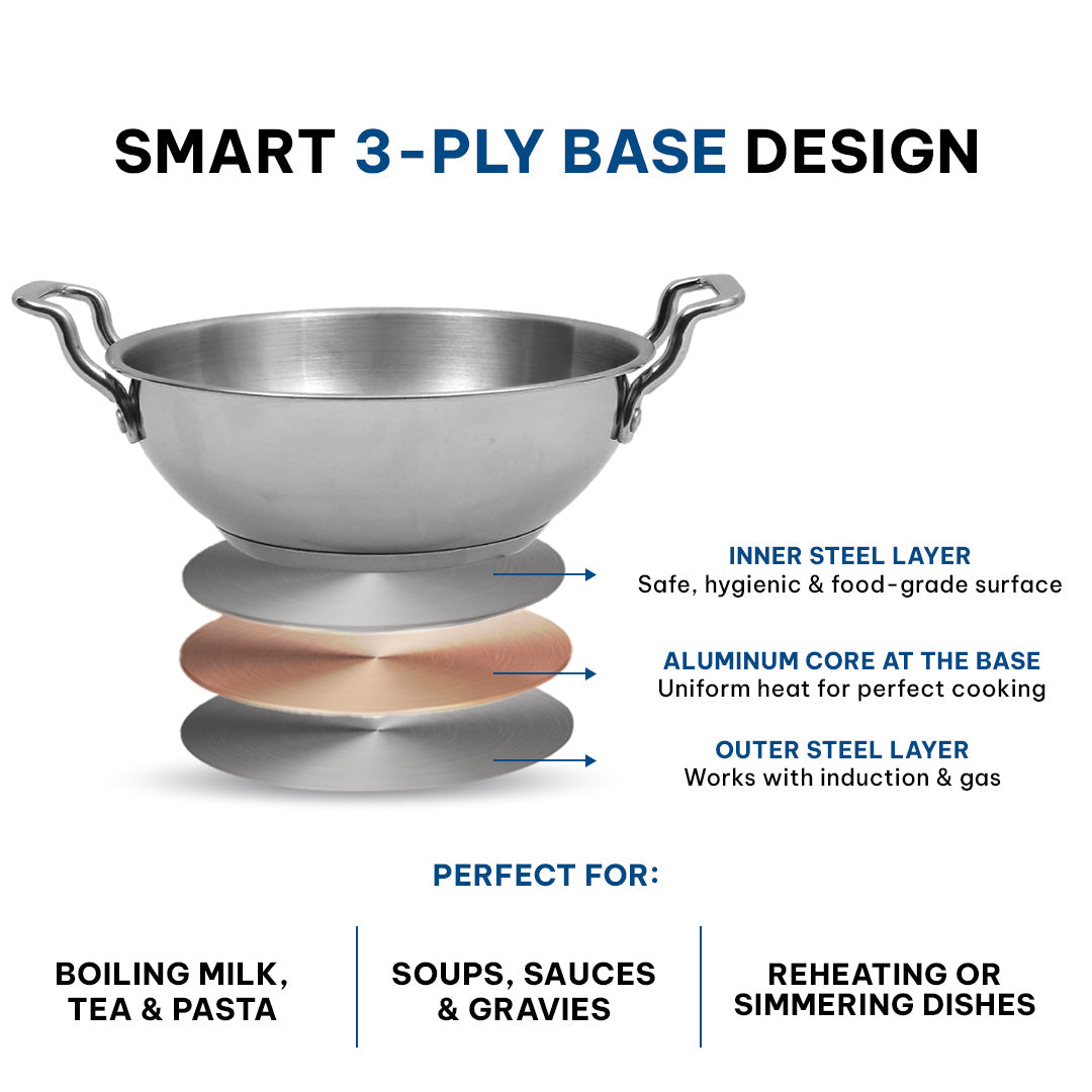 SOLARA Sterra Triply Bottom Stainless Steel Kadai, 24 cm