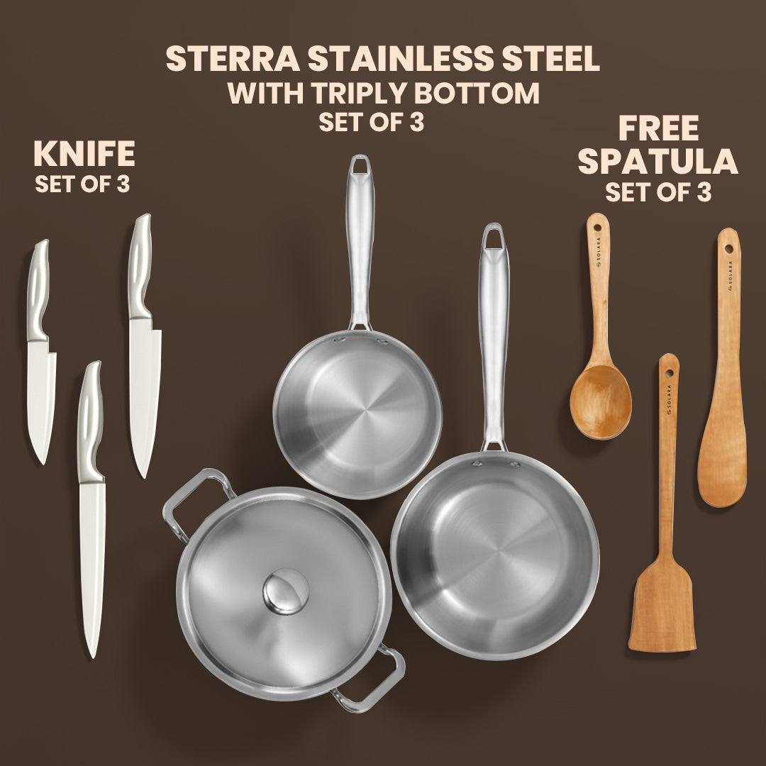 Ultimate Combo - Frypan + Kadai + Saucepan + Knives (Set of 3) + Spatula (Set of 3)