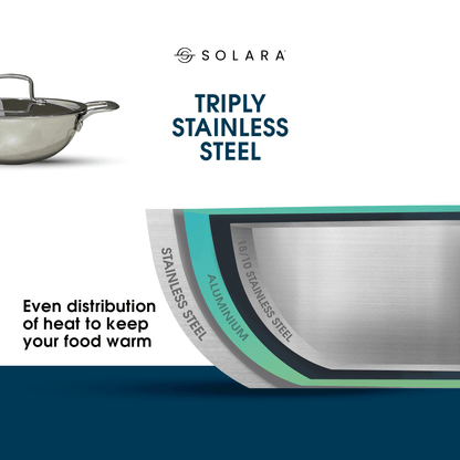 SOLARA Kadhai with Lid - 22 CM Stainless Steel Triply | Induction Friendly