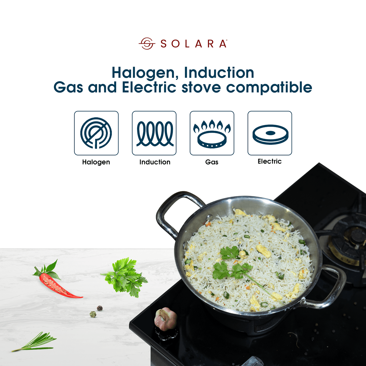 SOLARA Kadhai with Lid - 22 CM Stainless Steel Triply | Induction Friendly