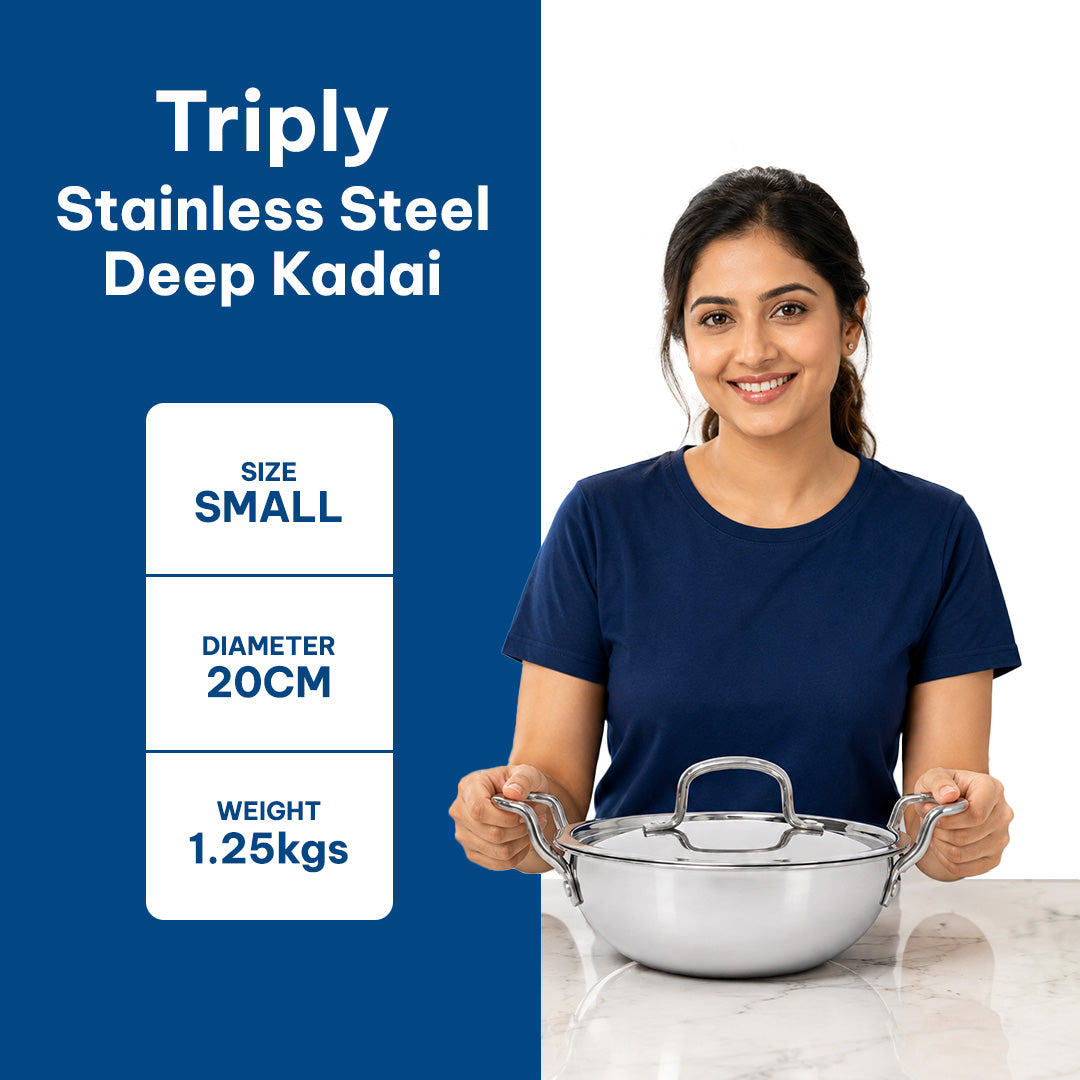 Triply SS Deep Kadai with SS Lid - 20 cm
