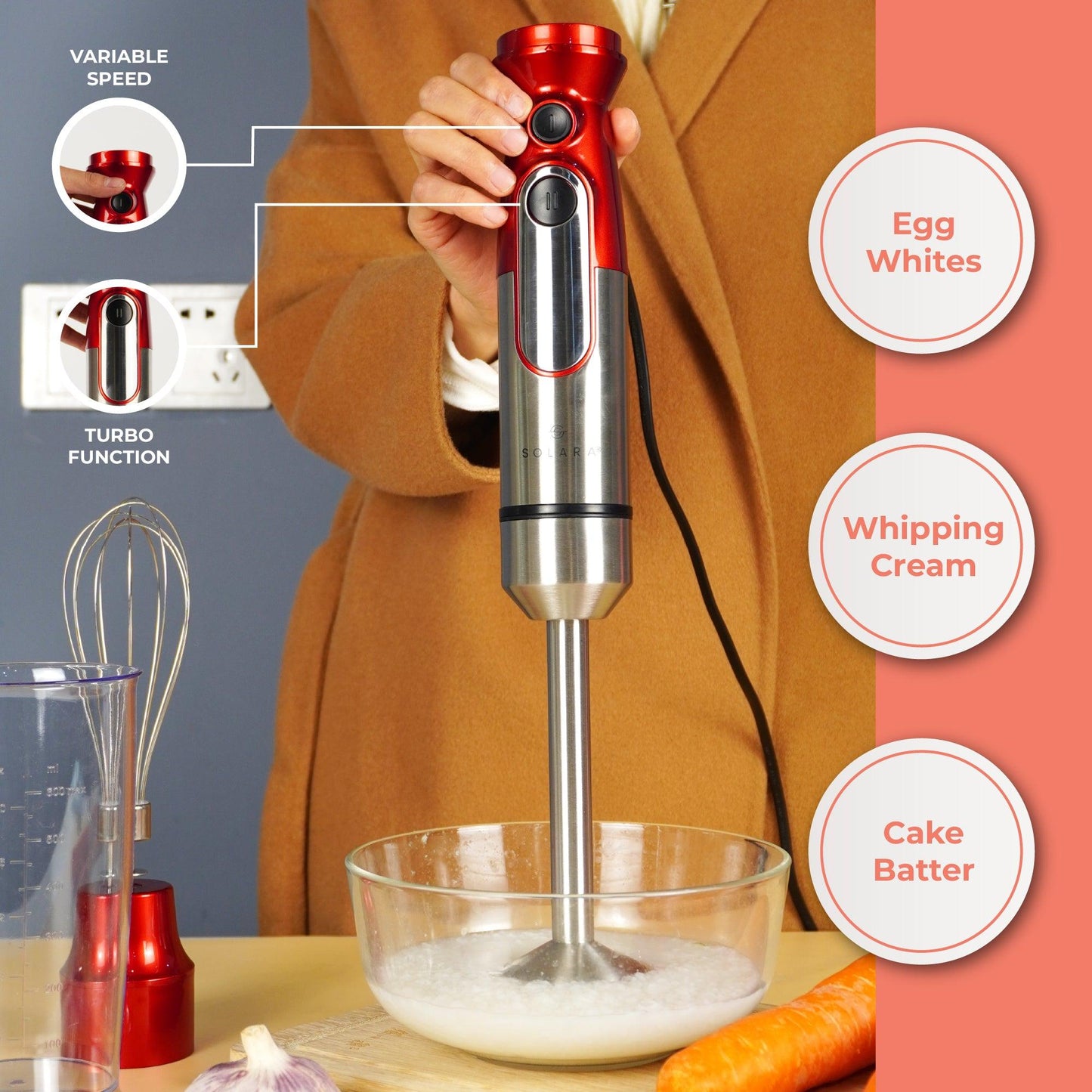 SOLARA 600Watt Electric Hand Blender for Kitchen with Whisk & Mixing Jar