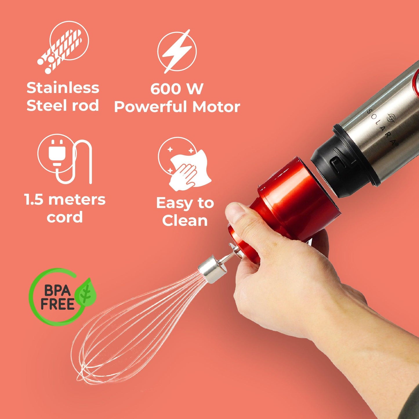 SOLARA 600Watt Electric Hand Blender for Kitchen with Whisk & Mixing Jar