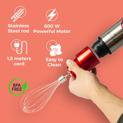 SOLARA 600Watt Electric Hand Blender for Kitchen with Whisk & Mixing Jar