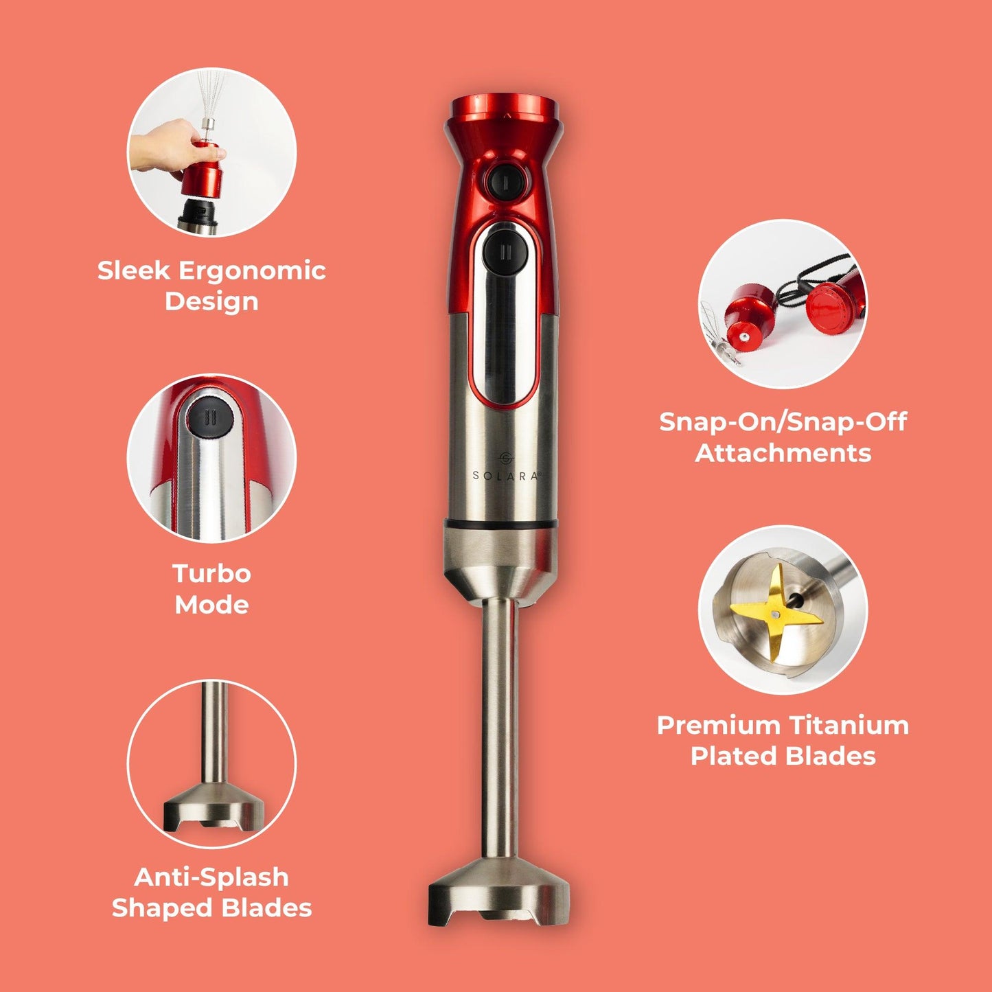 SOLARA 600Watt Electric Hand Blender for Kitchen with Whisk & Mixing Jar