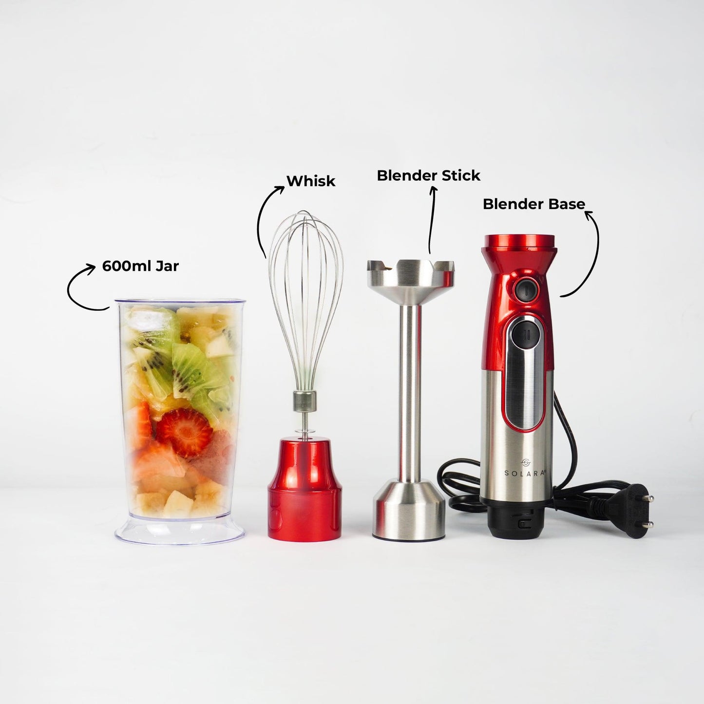 SOLARA 600Watt Electric Hand Blender for Kitchen with Whisk & Mixing Jar