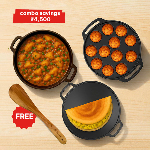 BlackForge Cast Iron Combo - Kadai 10' inch + Paniyaram 12 cavities + Dosa Tawa 12' inch
