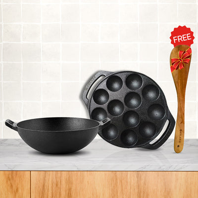 Cast Iron Combo - Kadai 10' Inch + Paniyaram 12 Cavities