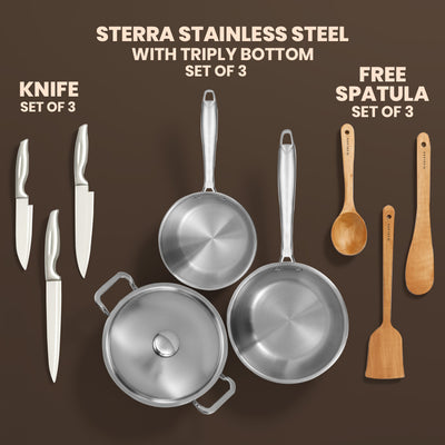 Ultimate Combo - Kadai + Frypan + Frypan + Knives (Set of 3) + Spatula (Set of 3)
