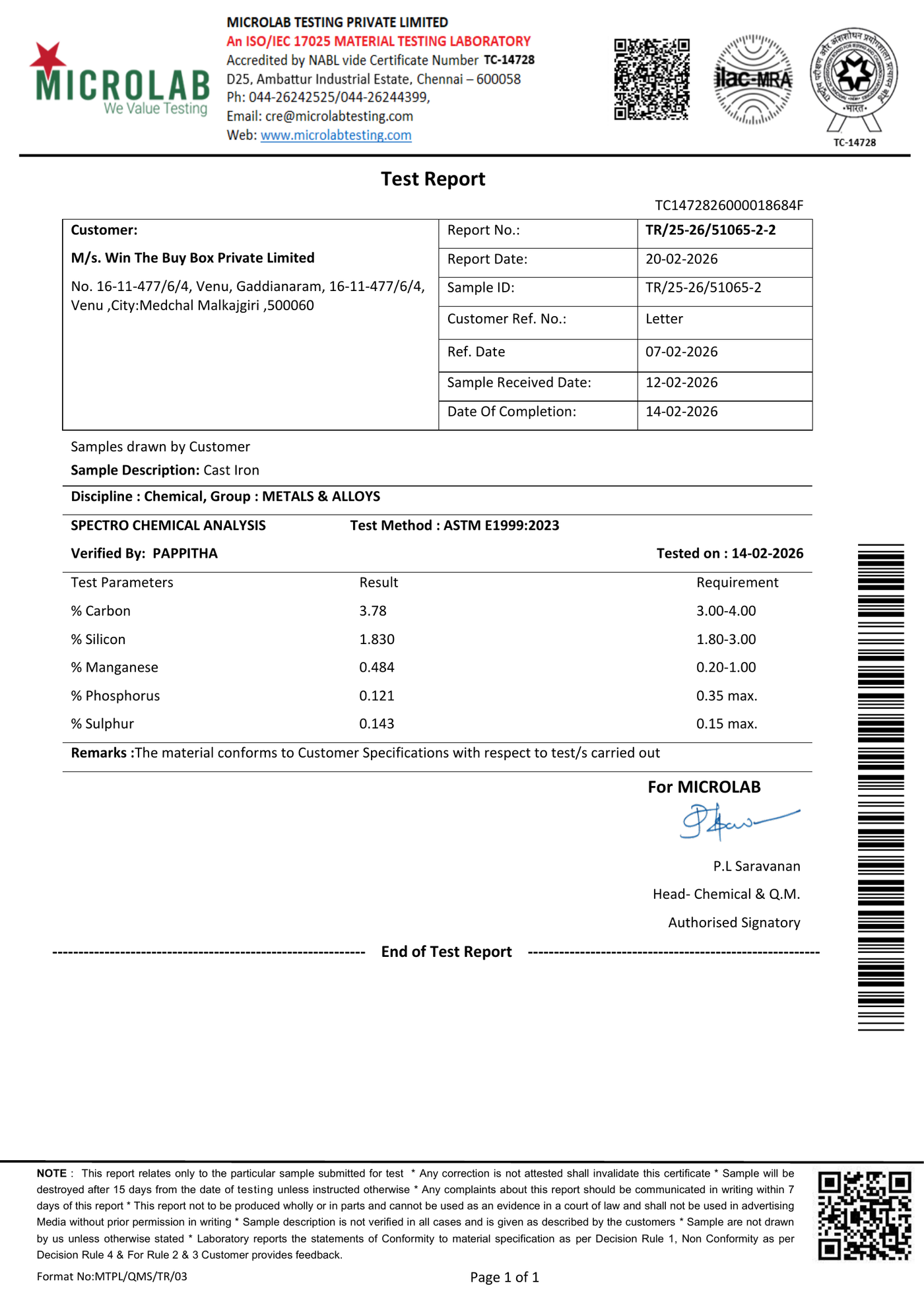 Microlab test report TR/25-26/51065-2 — cast iron composition